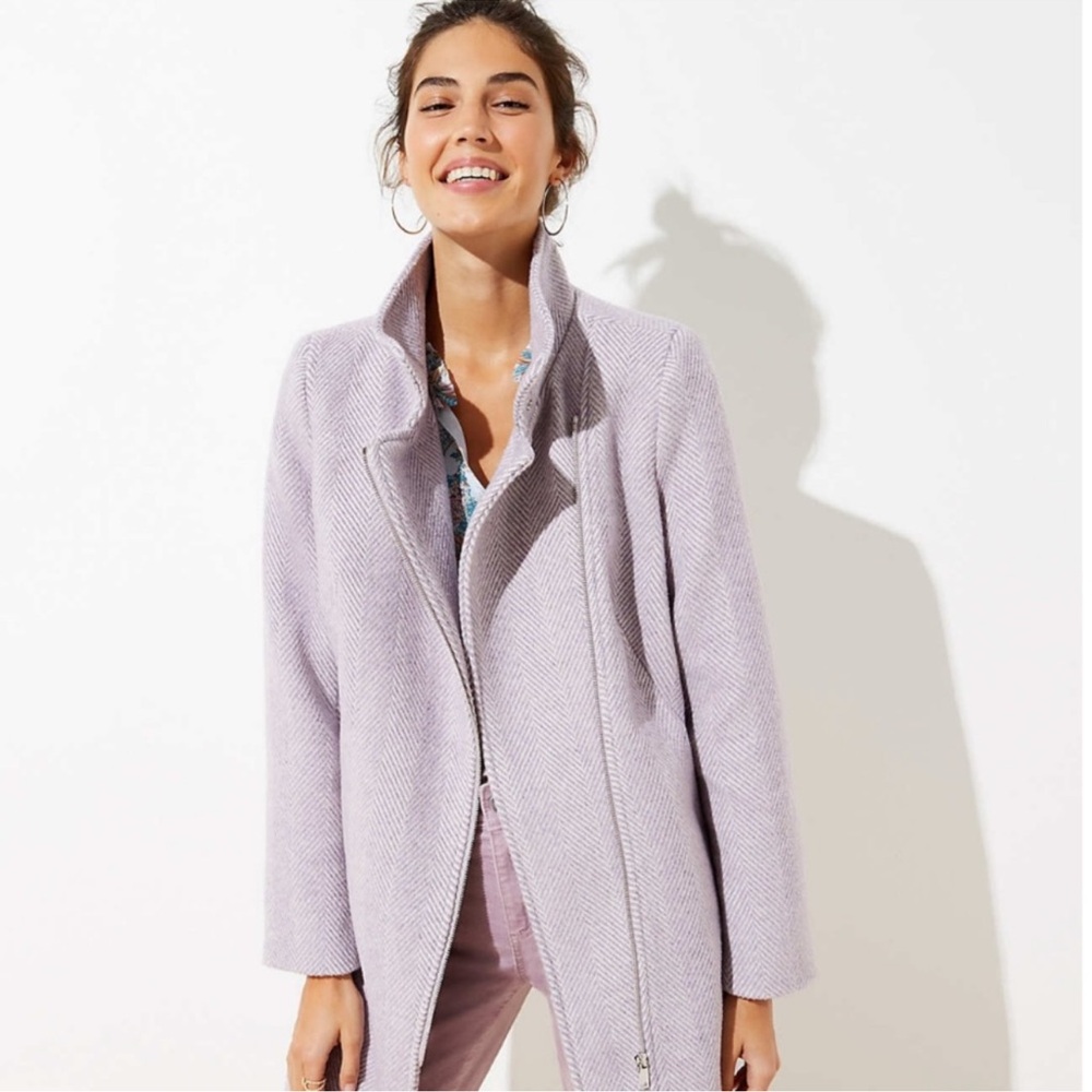 Loft Herringbone Lilac Moto Pea Wool Winter Coat size Medium